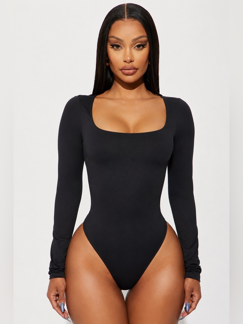 Skims Essential Long-sleeve Scoop Neck Bodysuit Onyx Black S M